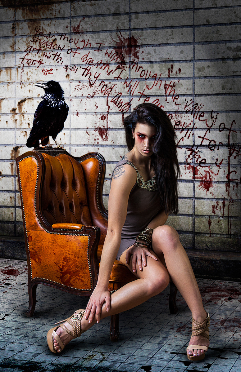 dark art girl crow raven blood