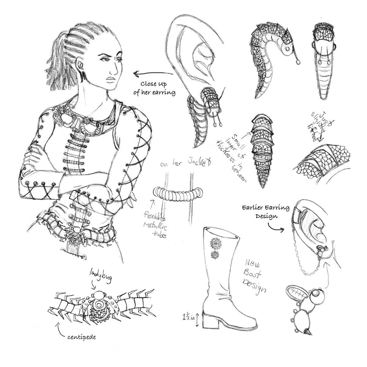Layout characters detail clothing design heroine gears STEAMPUNK leather boots earrings Insects golden insects Patterns shop keeper