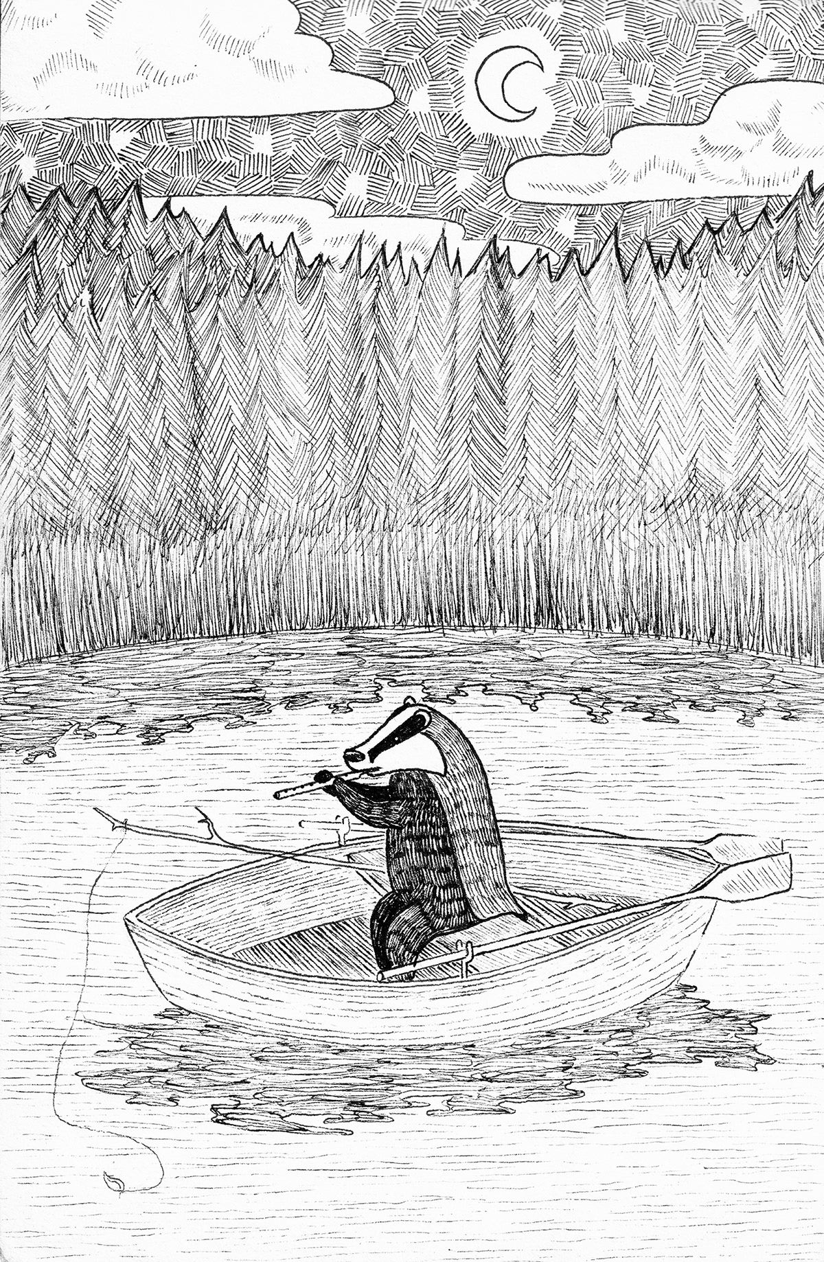 Drawing  ILLUSTRATION  storytelling   story flute badger blackandwhite Nature lake