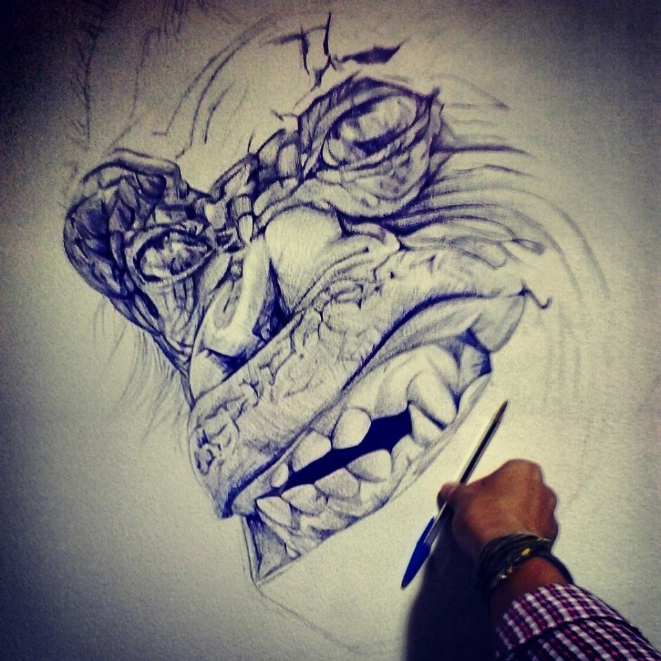 monkey David Pérez ballpoint pen artist arte ilustracion dibujo draw ape animal Mural paint wall