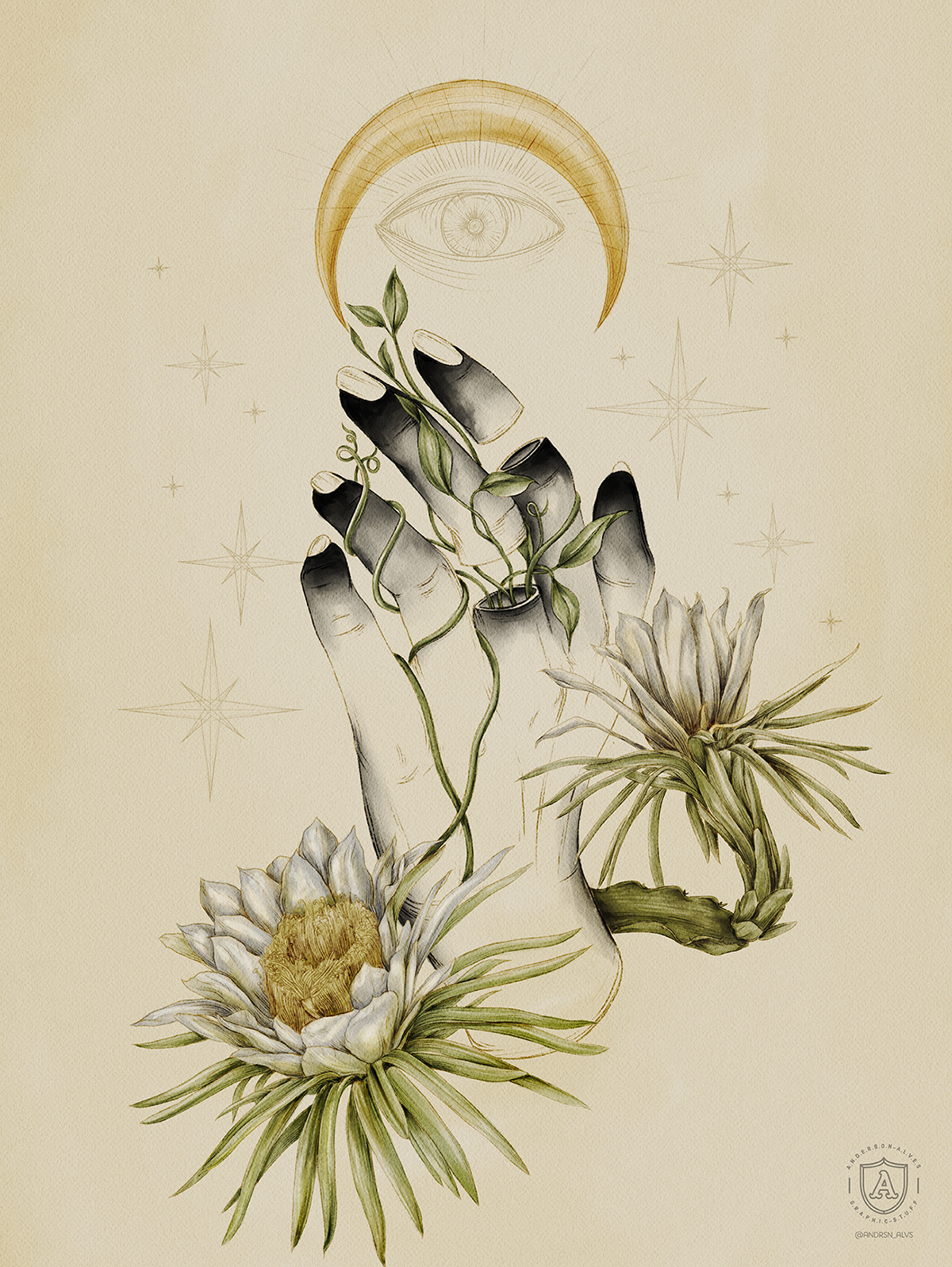 Mystic hand botanical flower stars moon occult print poster moonflower