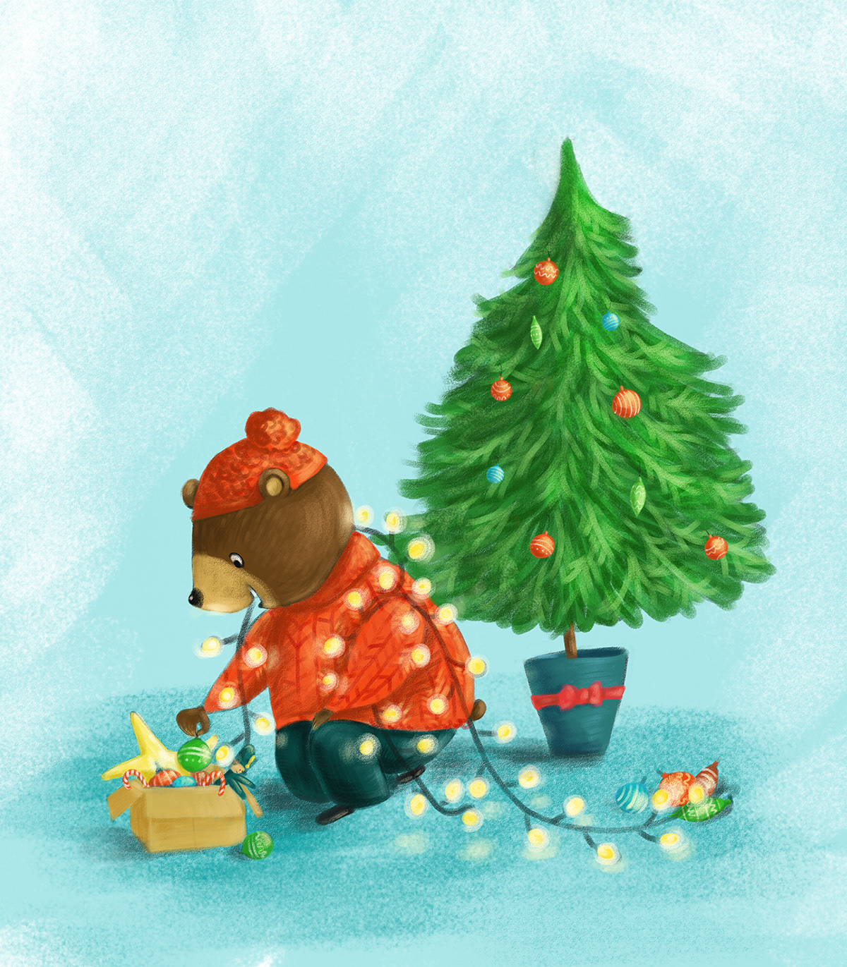Bear preparing ornaments for the Christmas tree.