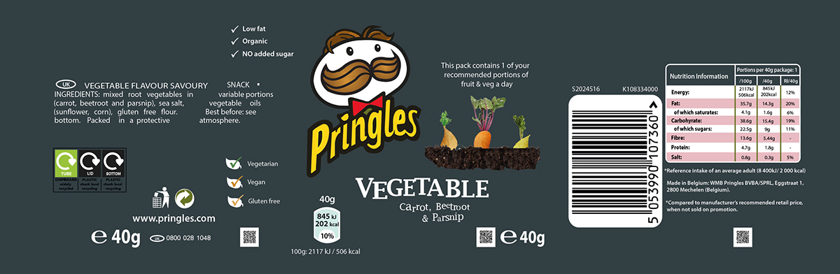 pringles Vegetable crisps carrot beetroot parsnip Honey yoghurt dip Apple crisps healthy Rebrand Snack-sized