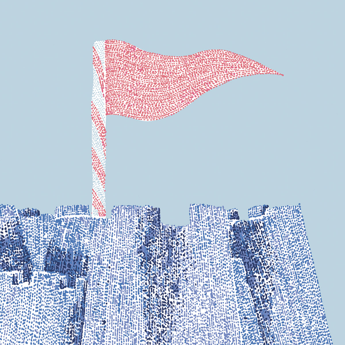 detailed shot of a digital stippling illustration of a sand castle with a pink flag.
