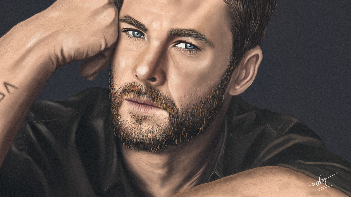This picture of Chris Hemsworth is completely drawn digitally  using Adobe Photoshop.
