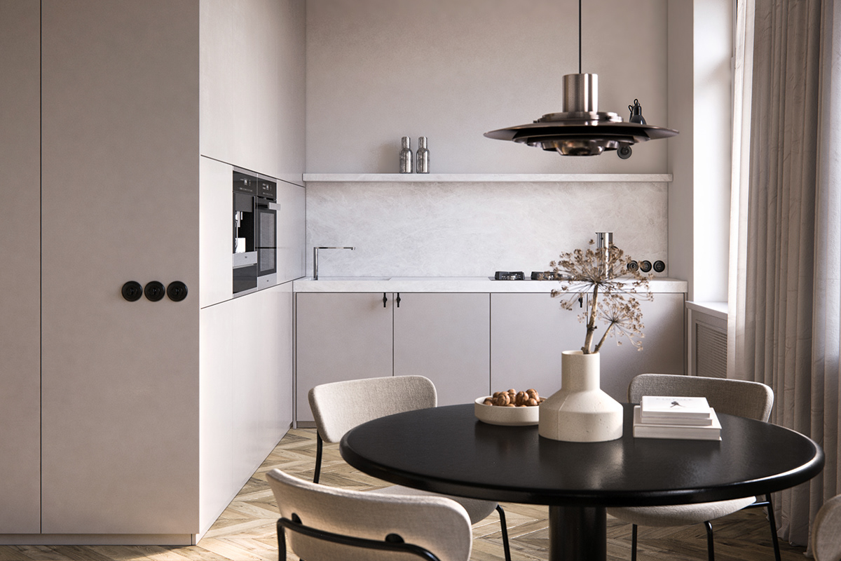 3D apartment architecture design furniture kitchen minimal Render visualization viz