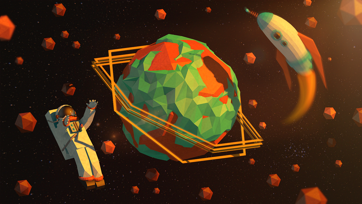Space  Low Poly spaceship astronaut planet universe asteroid boundaries ship suit rings stars geometric Isometric