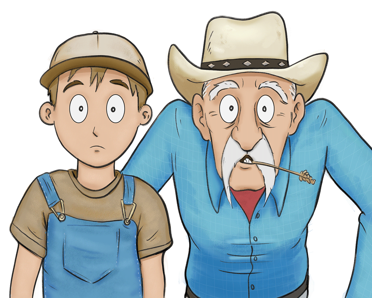 a farmer and his grandson looking surprised
