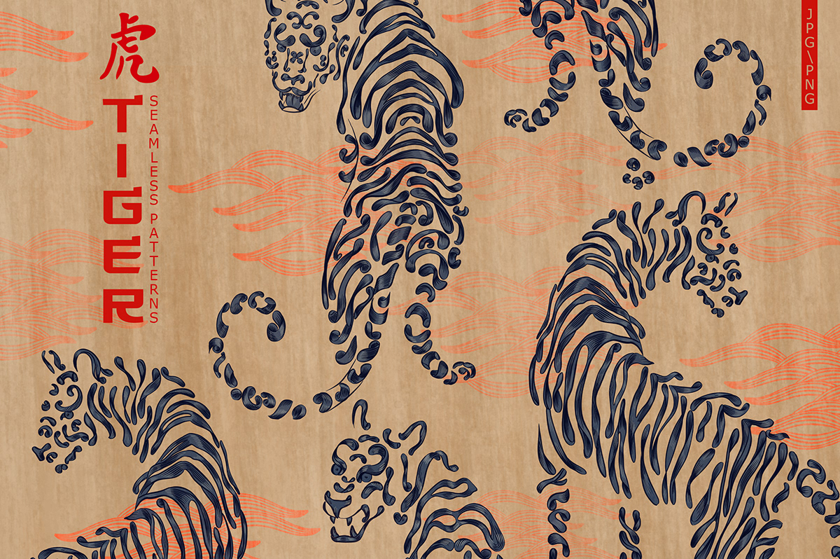 chinese Chinese tiger Japanese motives seamless pattern Surface Pattern textille chinese new year Chinese tiger sign lunar tiger calendar textile design 