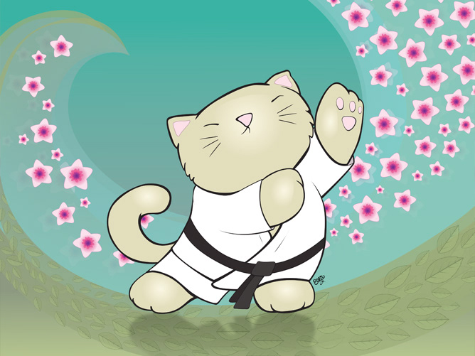 Cute, Funny Cartoon Art of a Kitty Cat Doing Tai Chi by Ellie.