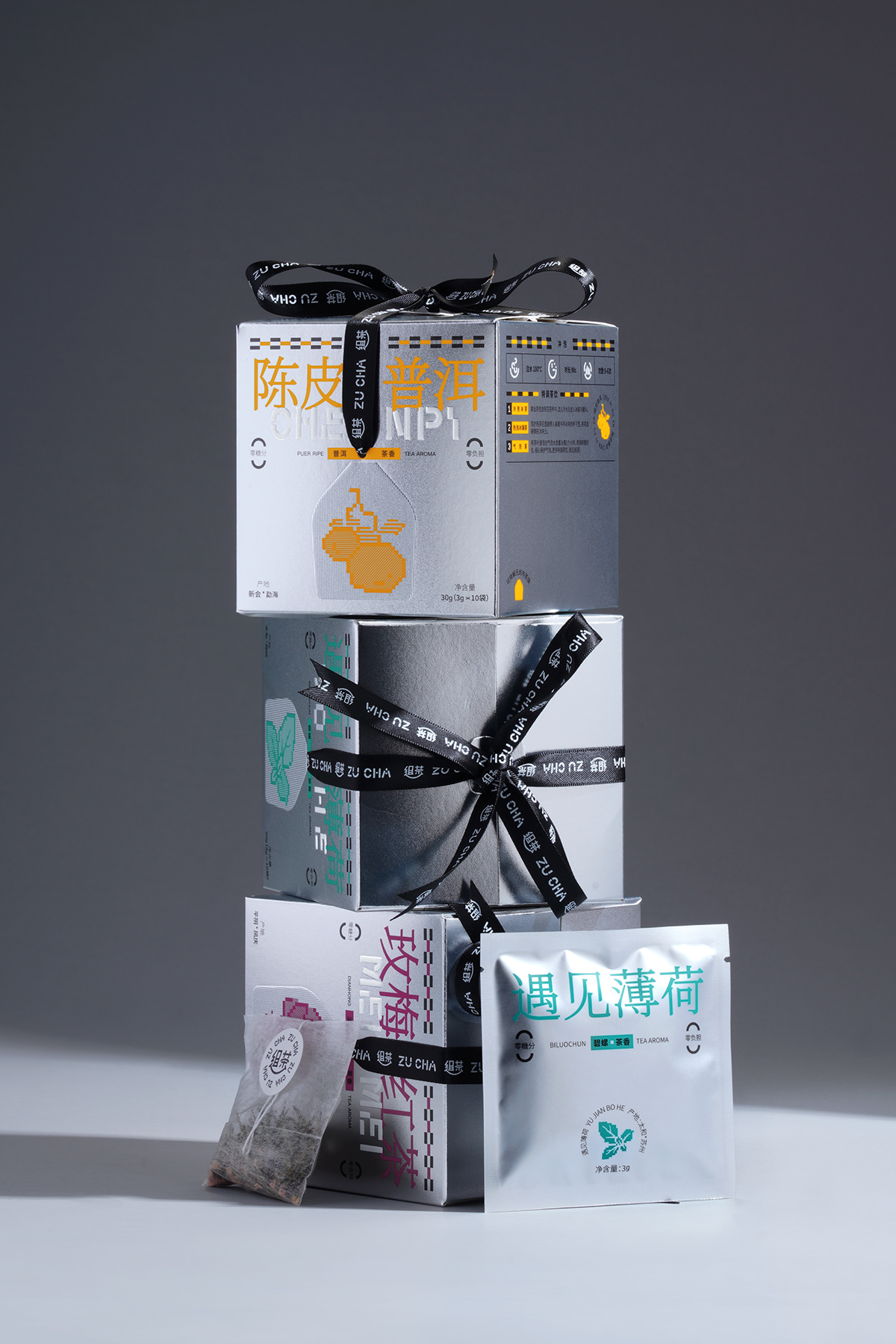 Food  Tea Packaging 包装设计 图形设计 平面设计 插画 茶包装 茶叶 袋泡茶 银色