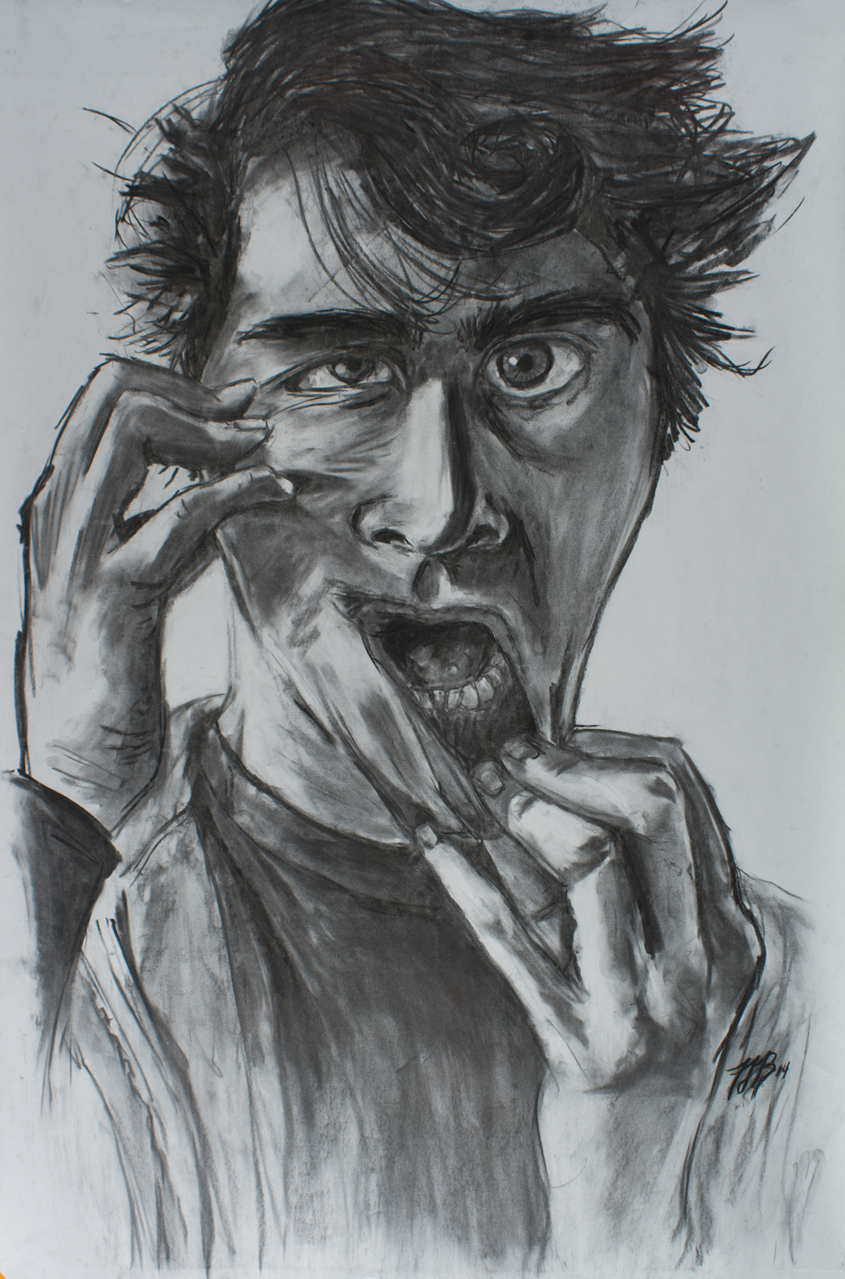 charcoal self portrait distorted face