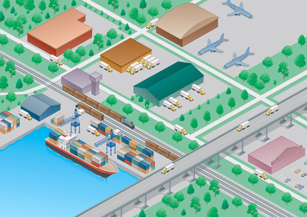 Technology industry computers shipping freight trucking manufacturing warehouse Retail Isometric Aerial birdseye city cutaway information