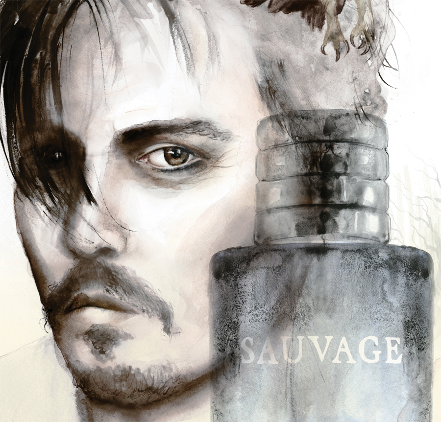 Dior sauvage mens Frangrance perfume cologne Aftershave product illustrated poster illustrated advert fashion illustration johnny depp portrait watercolour