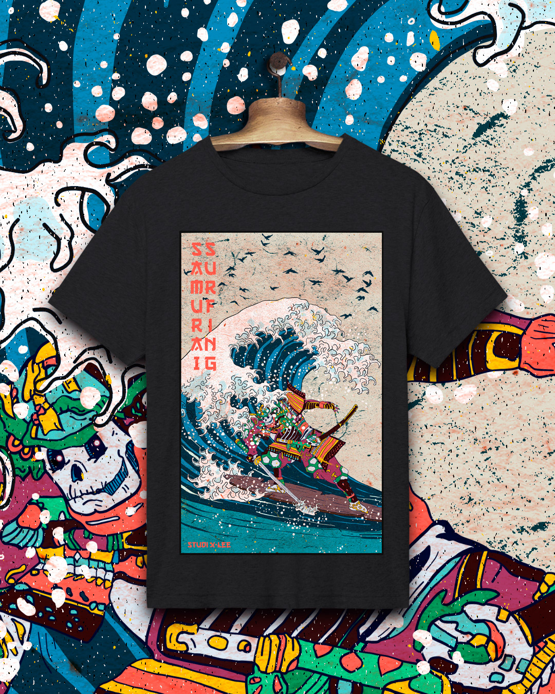 samurai wave sea skull Surf t-shirt poster print Fashion 