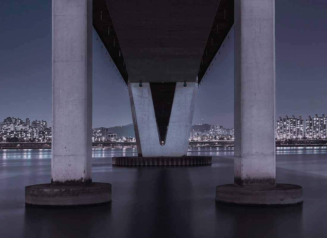 night Cities Visions lights bridges seoul Retro future Urban darkness city