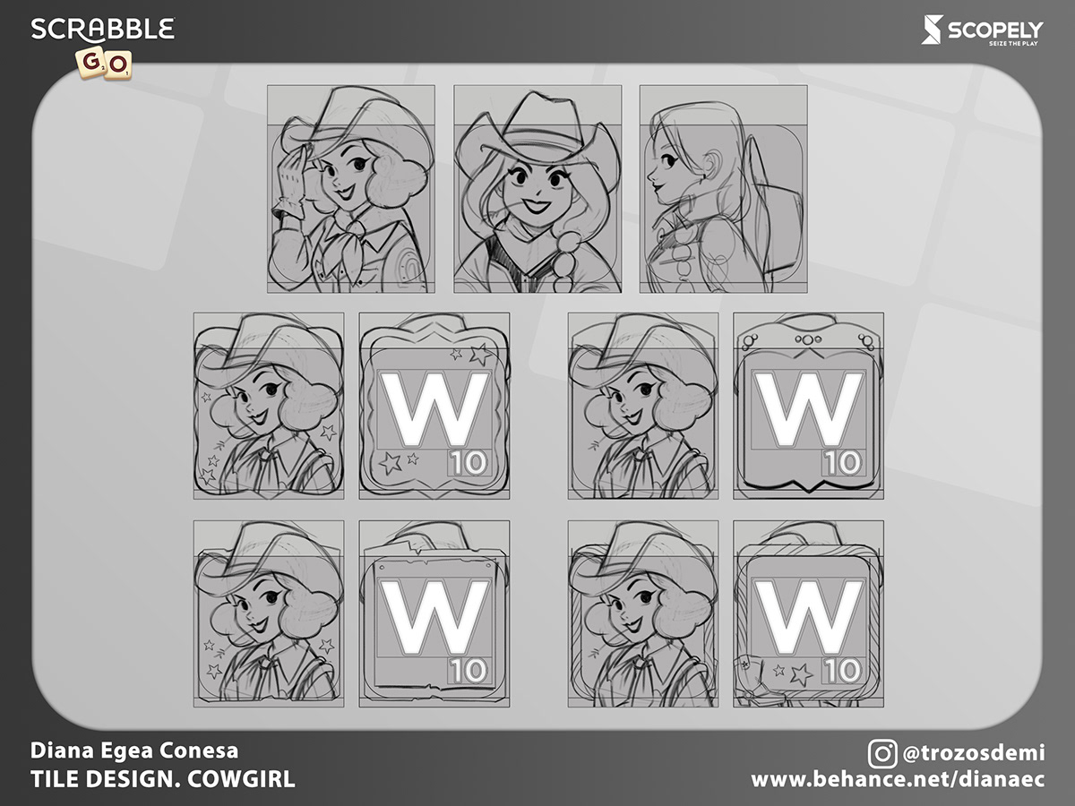 concept cowgirl horse live ops mobile games Scrabble tile western Wordgame cartoon