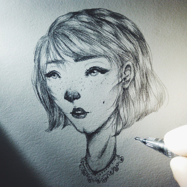 girls pencil sketch Style short hair feminine Character face expressions