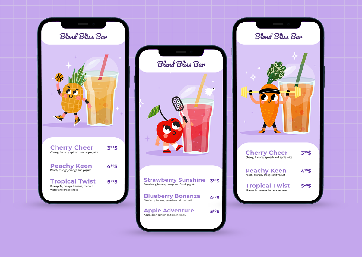 App menu design, carrot holding a barbell, pineapple playing basketball, cherries playing badminton