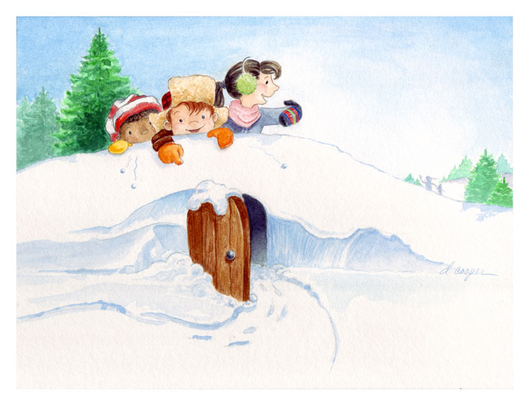 children's illustration watercolor winter snow discovery scbwi bounce water piglet worms boy