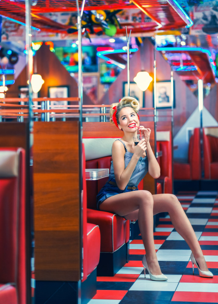 american style glamour pin-up sexy Retro Cafe Beautiful woman in café  old fashioned american