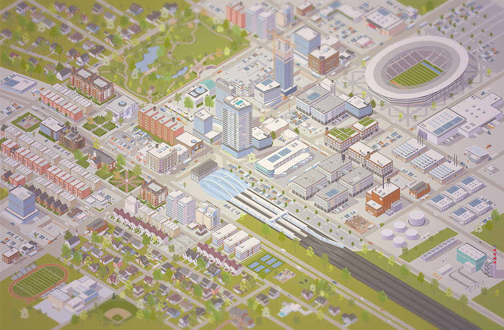 A detailed overhead view of an isometric city is shown illustrated here.