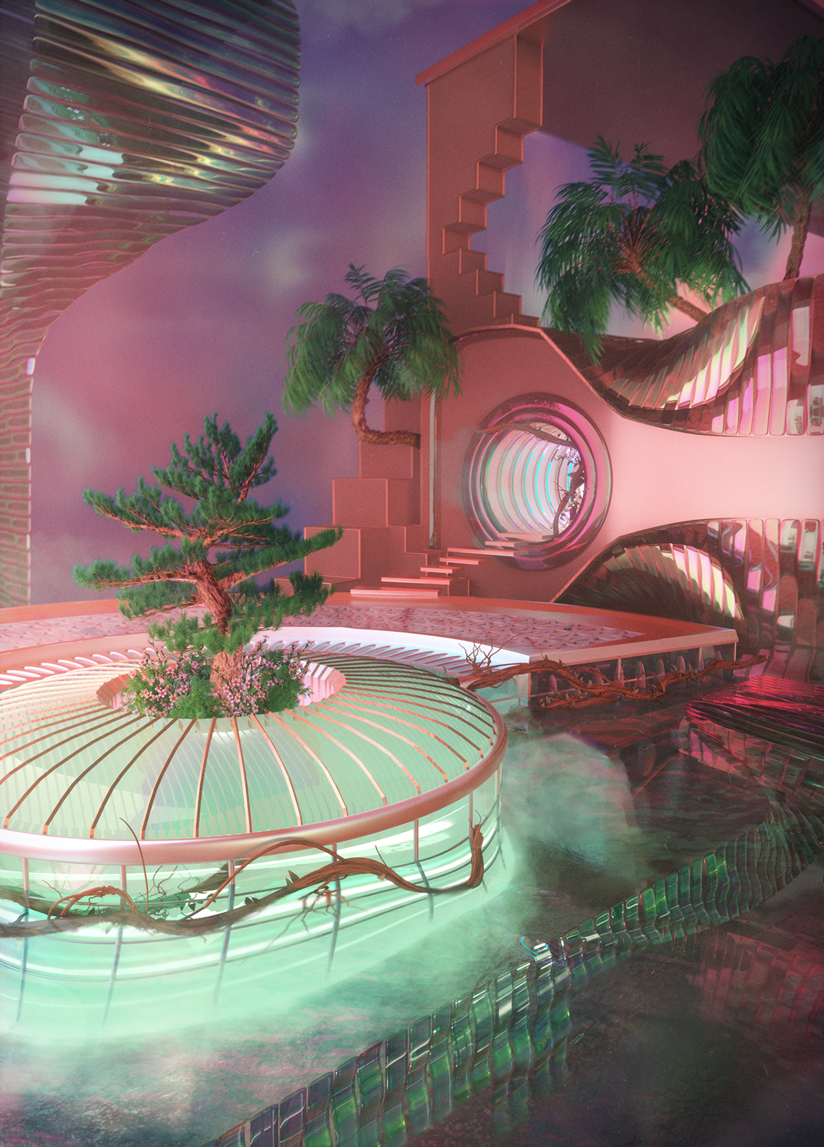 architecture digital painting Matte Painting surreal futuristic dreamscape interior design  3D pastel iridescent