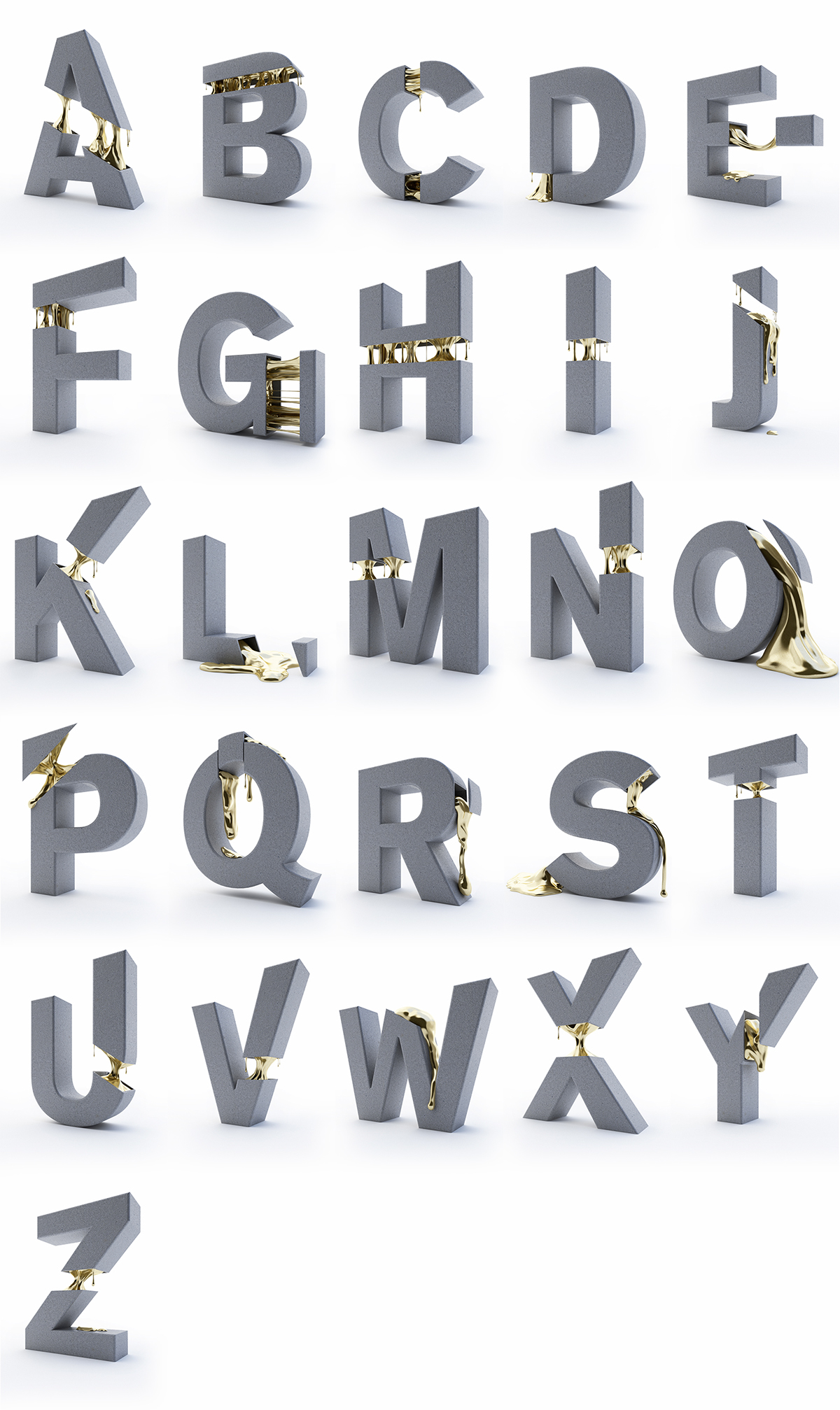 type type design poster 3D 3D text font Typeface cinema 4d alphabet concrete gold c4d letter wacom intuos pro