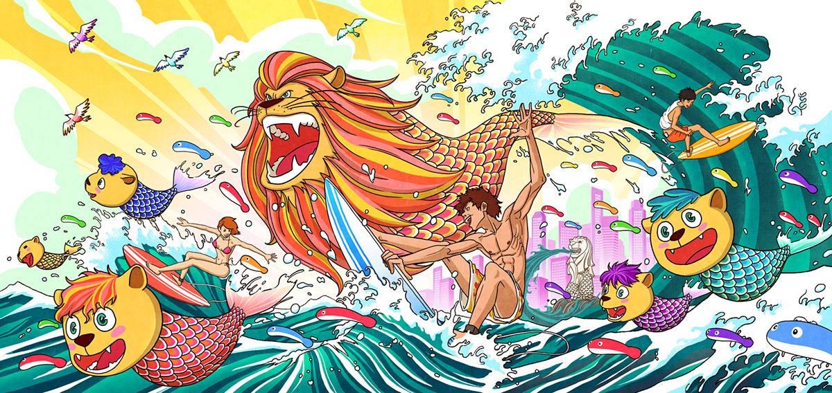 merlion lion mercubs cubs surfing Surfers hokusai wave kallang wave Ocean riding waves freedom singapore