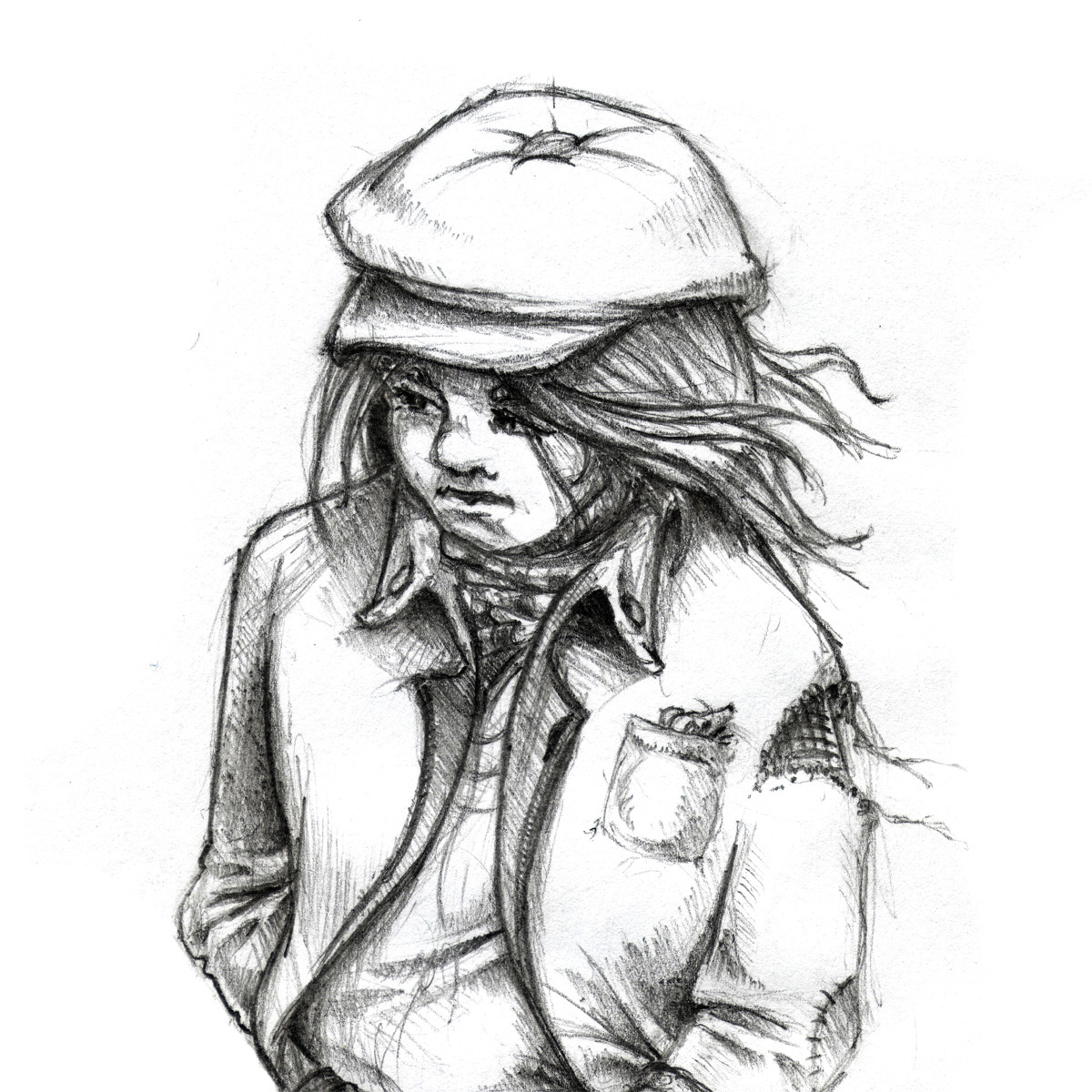 gavroche graphit sketch rough Character Paris newsboy cap scarf hat