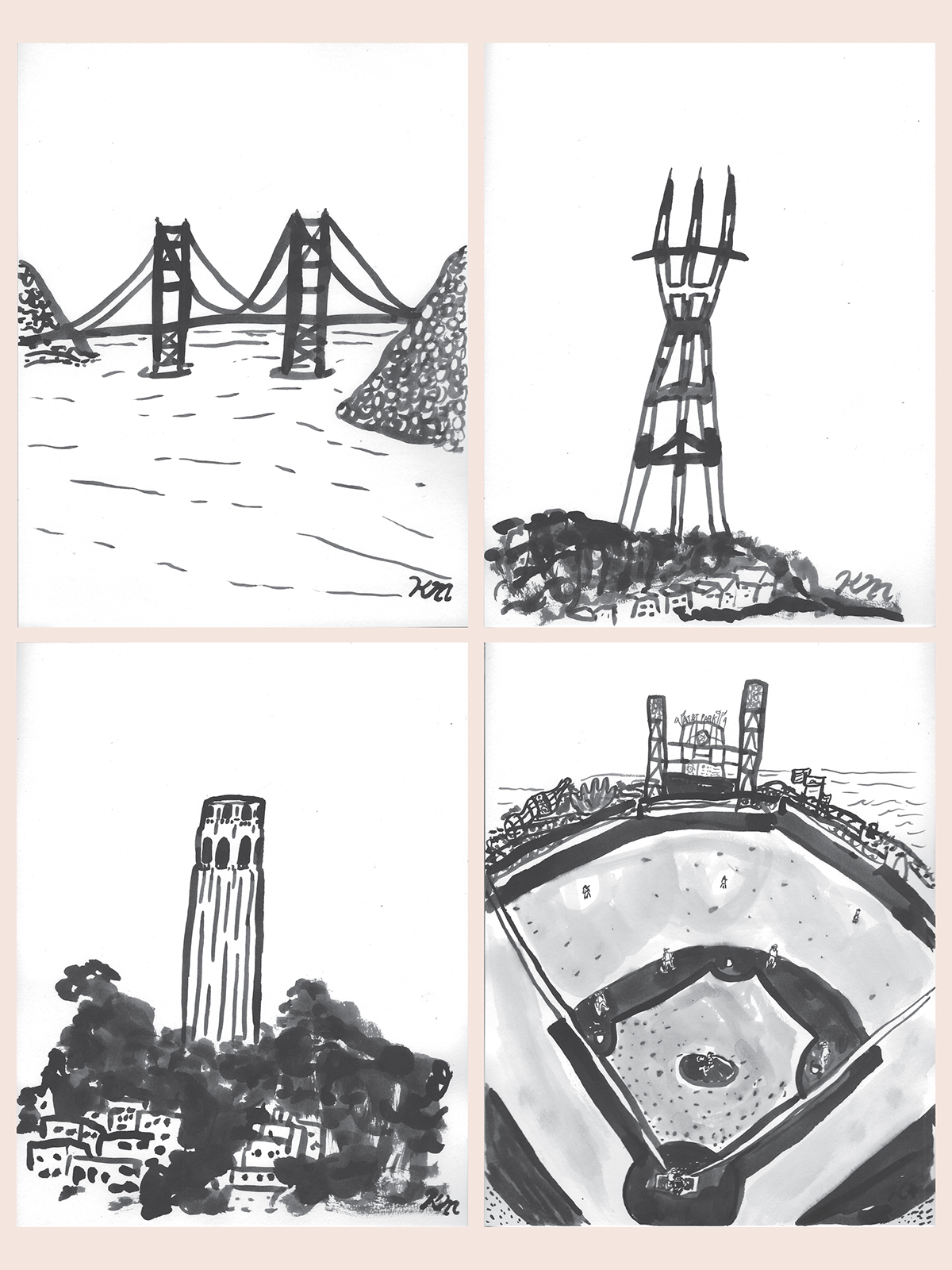san francisco bay area SF coit tower Sutro Tower golden gate bridge AT&T Park san francisco illustration ink paintings