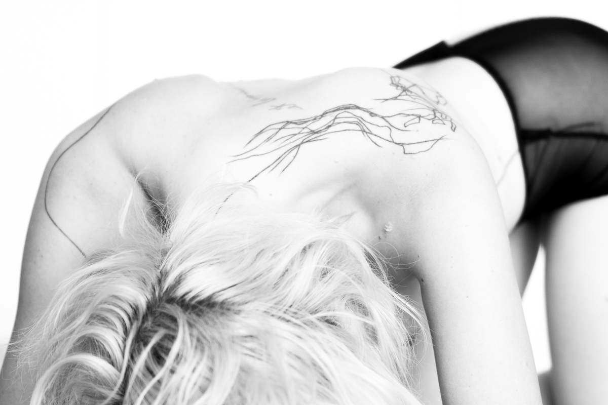 black & white nude boudoir lines tattoo blonde model portrait skin body