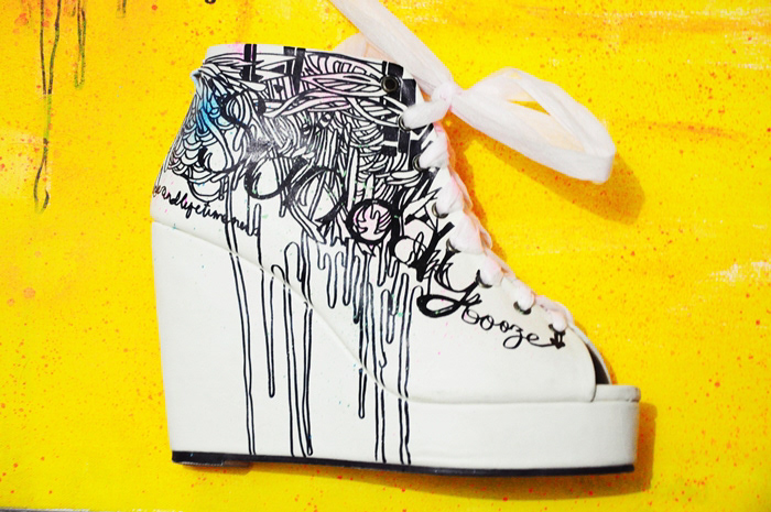 shoes Wedges traditional ink paint women heels pumps pink blue White ribbons girl surreal abstract doodle Flowers pgda 2011 applied art satin noose sunday booze dopanine graphic sharpie Marker spray paint