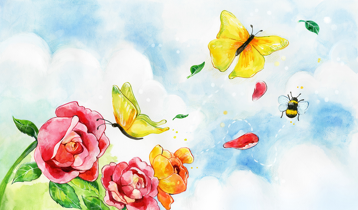 watercolor watercolour butterfly rose flower children's book book illustrations ducks duckling plants dandelion puppy nature painting Cherry Blossom SKY