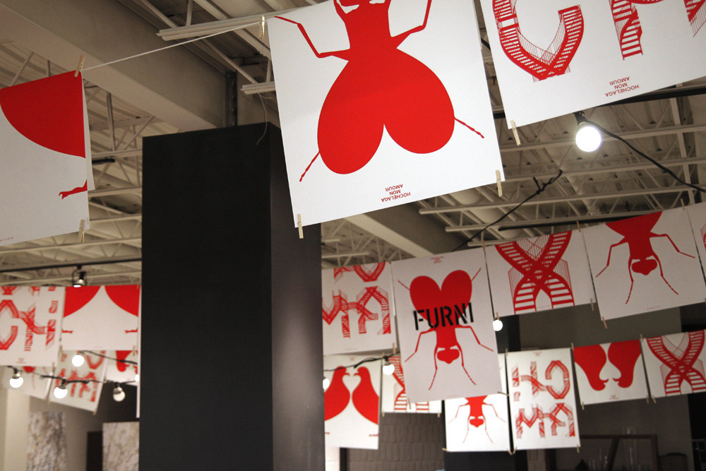 design  installation  posters  exhibition  montreal  furniture  print Domison hochelaga mon amour Hochelaga red Fly mouche heart