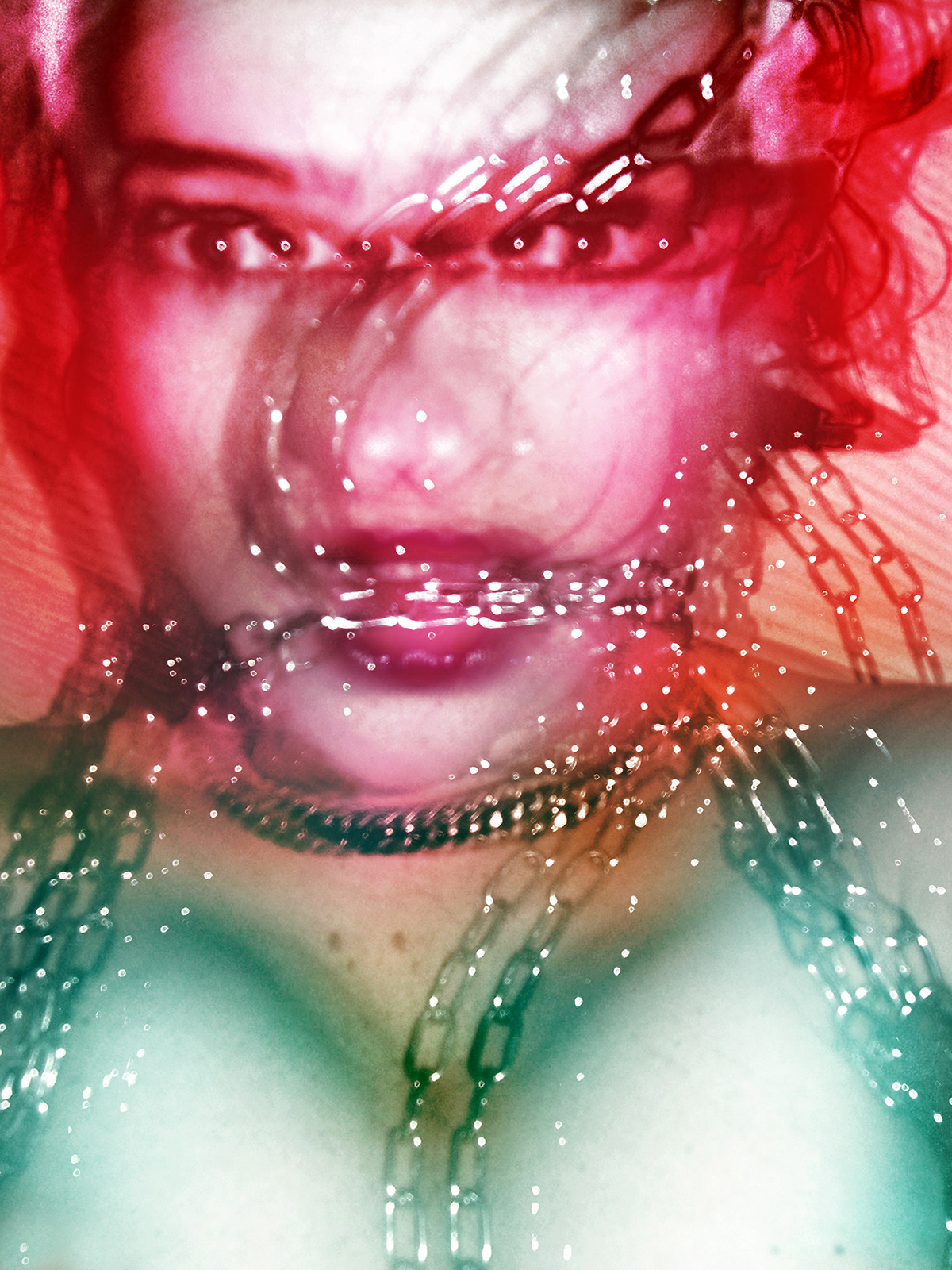 rainbow pulp colors psychedelic sfumato face woman chains portrait dark
