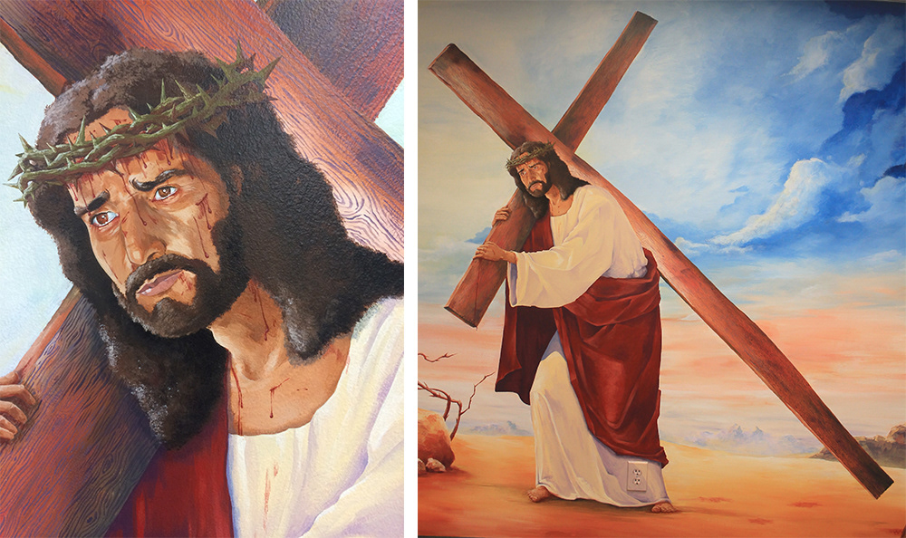 mural art Church Painting wall paint acrylic paints jesus painting walking with cross On a cliff crown of thorns
