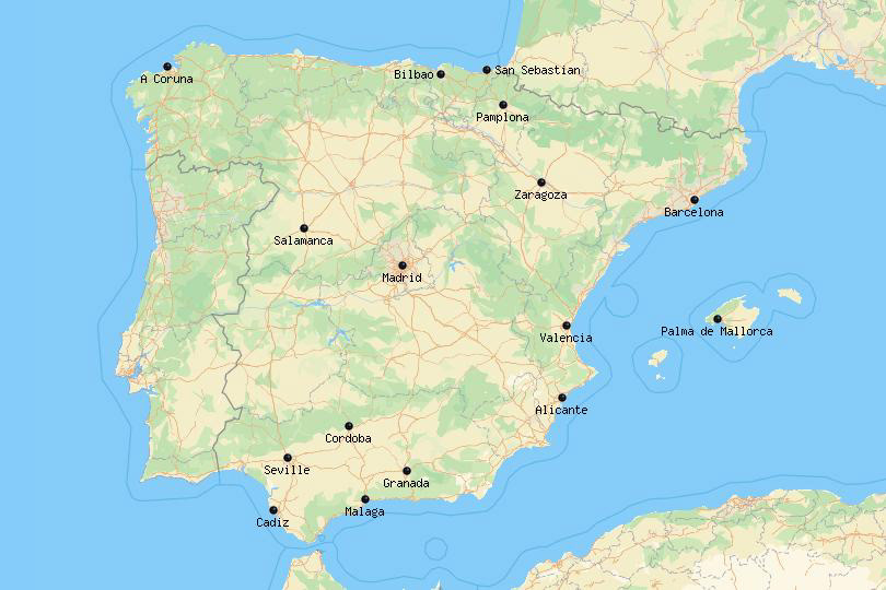 Map of cities in Spain
