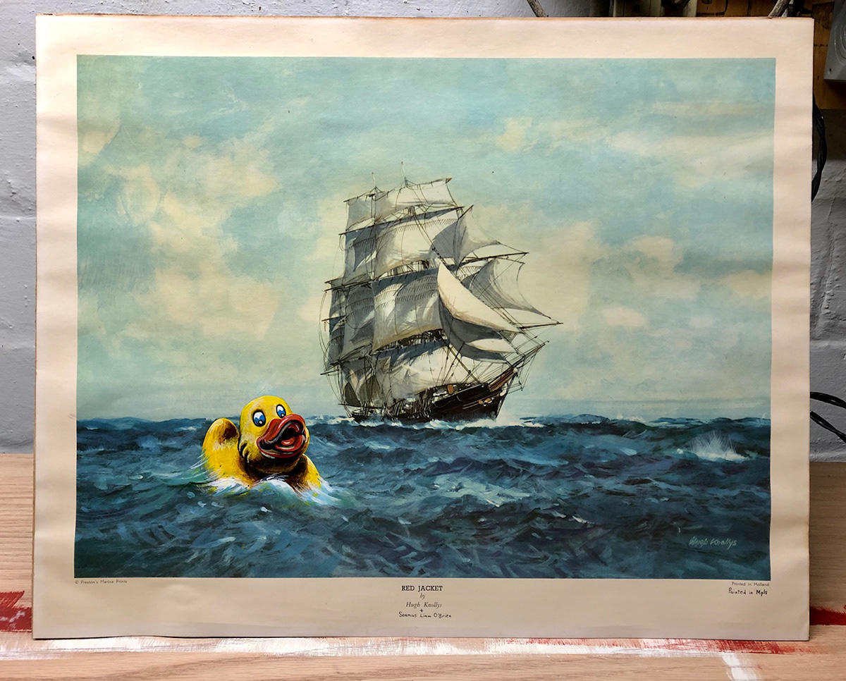 Rubber duck painted onto thrift store painting by the artist Hugh Knollys