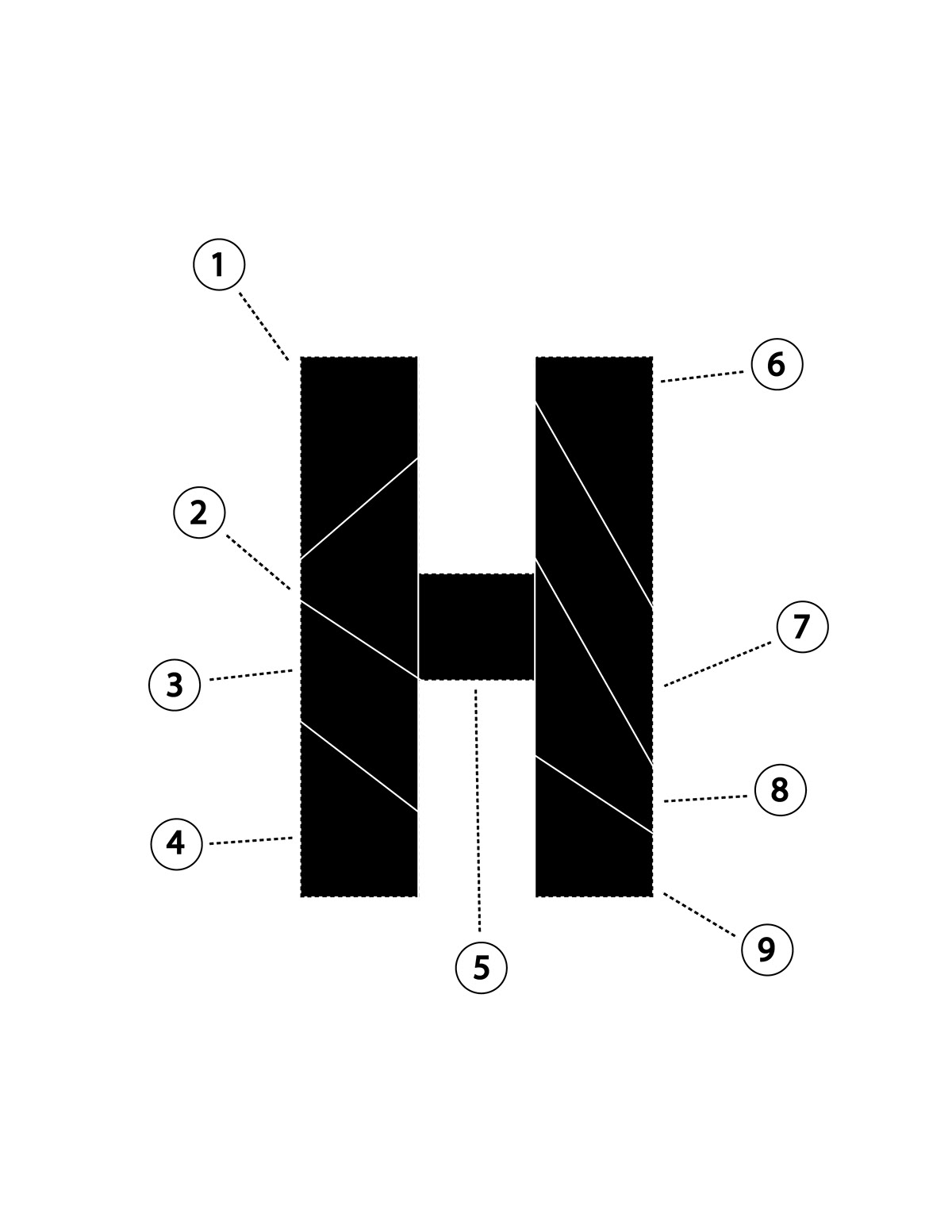devide letter h 9 sections 4 lines waterfall pattern wave