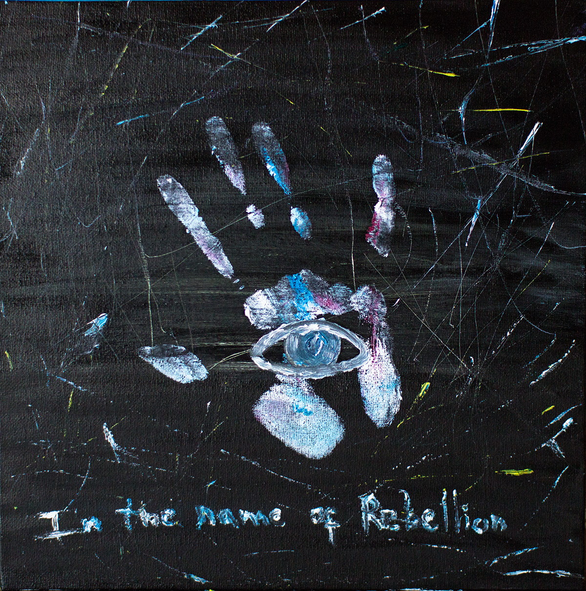 black hand oil canvas Fine Arts  strips reflection word rebellion