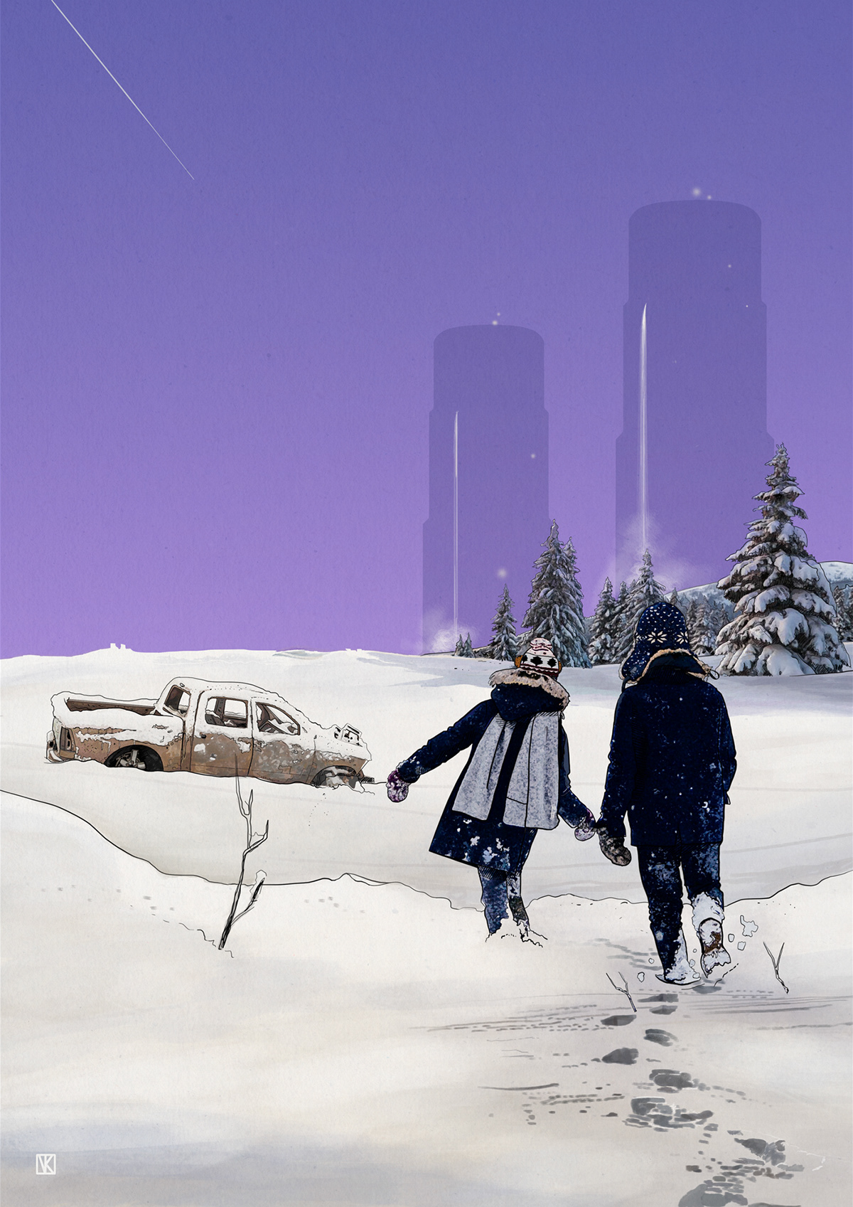 2 adolescents marchent dans la neige vers d'mmences tours : les Monades.