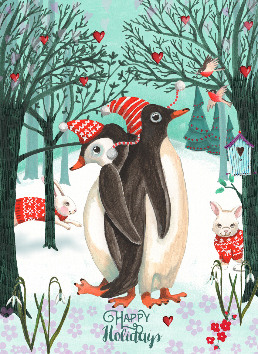 Christmas Holiday animals girly ILLUSTRATION  christmas Tree Shopping