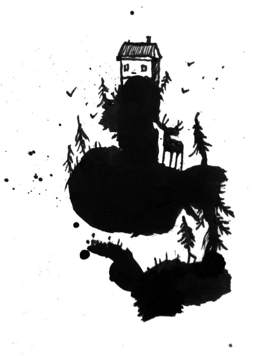 forest dark raven bird ink night woman trees moon house animal mysterious sinister