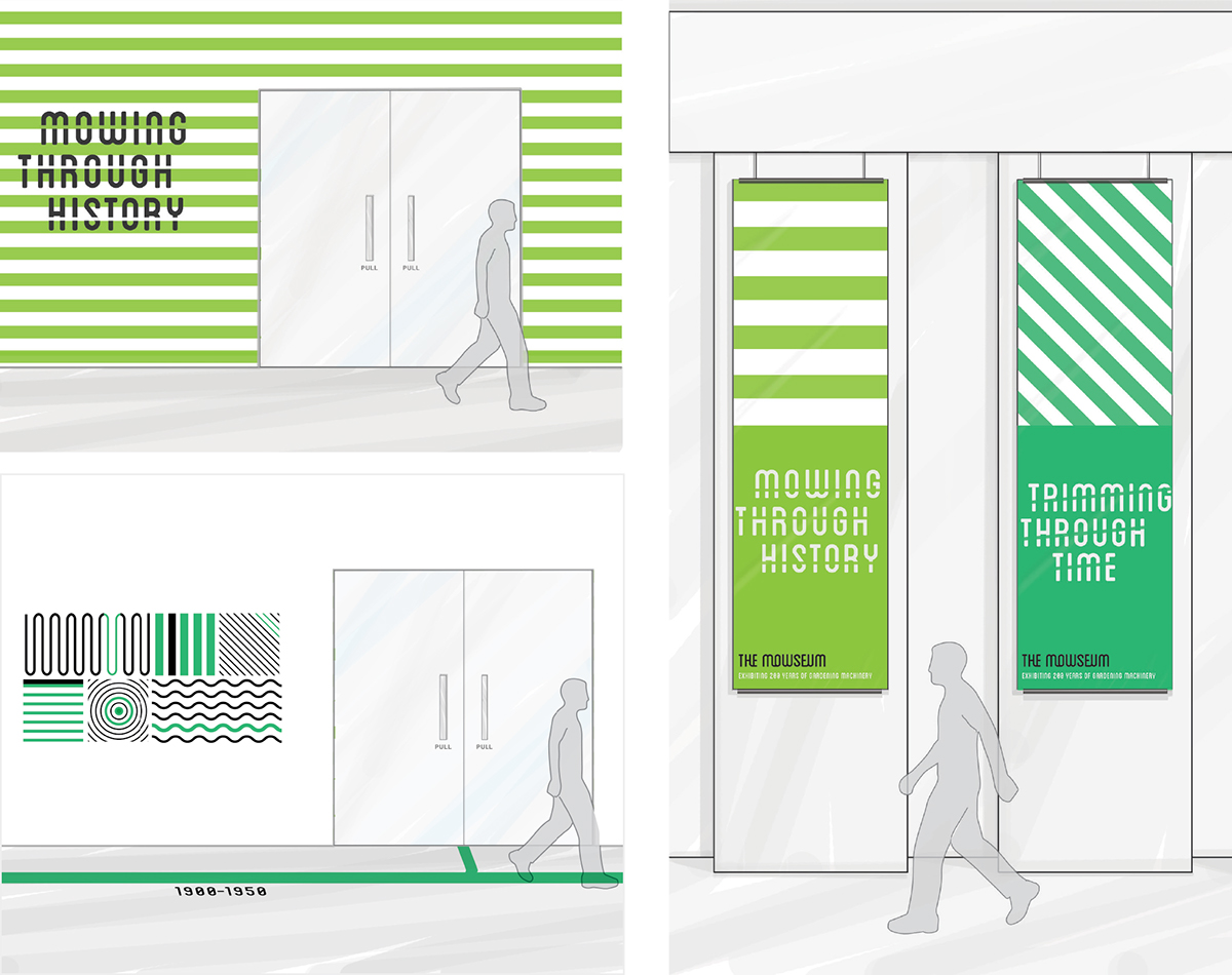 museum brand Exhibition  ticket Mowseum hayley Lowndes poster identity lawn mower lawn pattern lines green gardening
