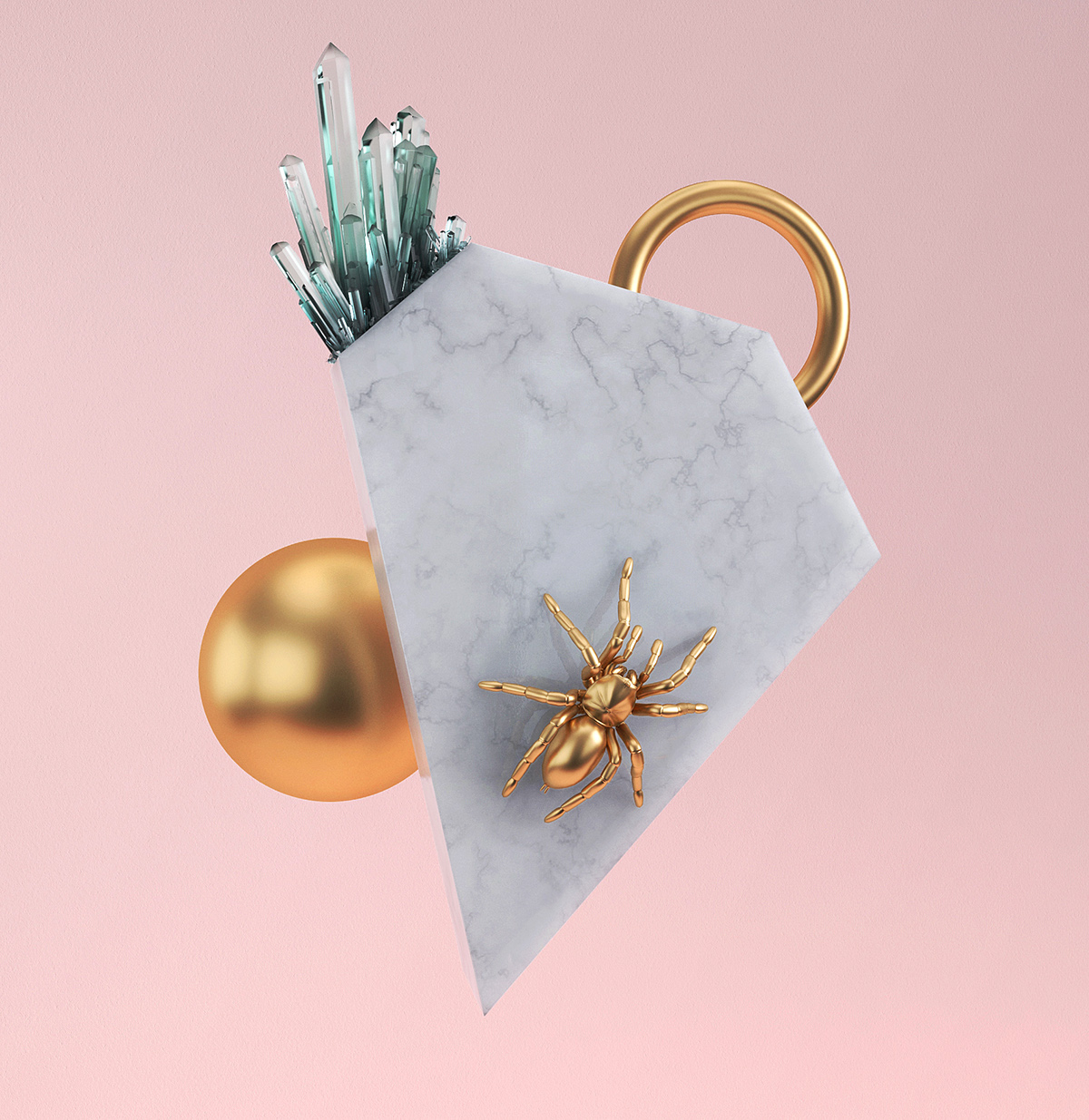 3D 3dsmax Marble gold crystals pink Insects spider wasp still life Render studio