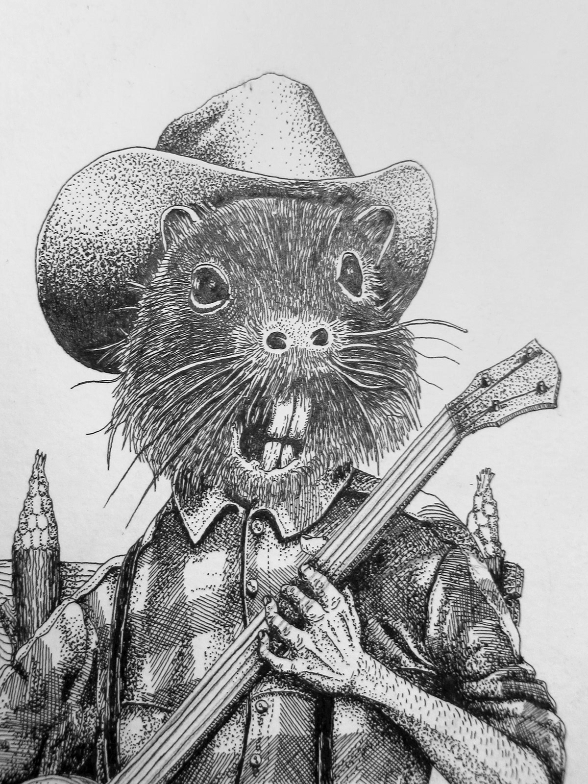 black and white ink Rotring beaver Banjo redneck animal paper hand drawn dots