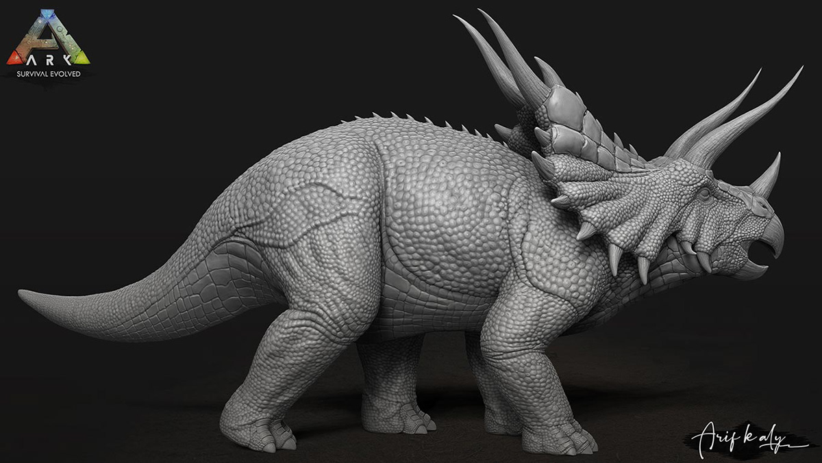Game Art fantasy dinosaurs creatures prehistoric survival Evolved stylized triceratops sculpting 