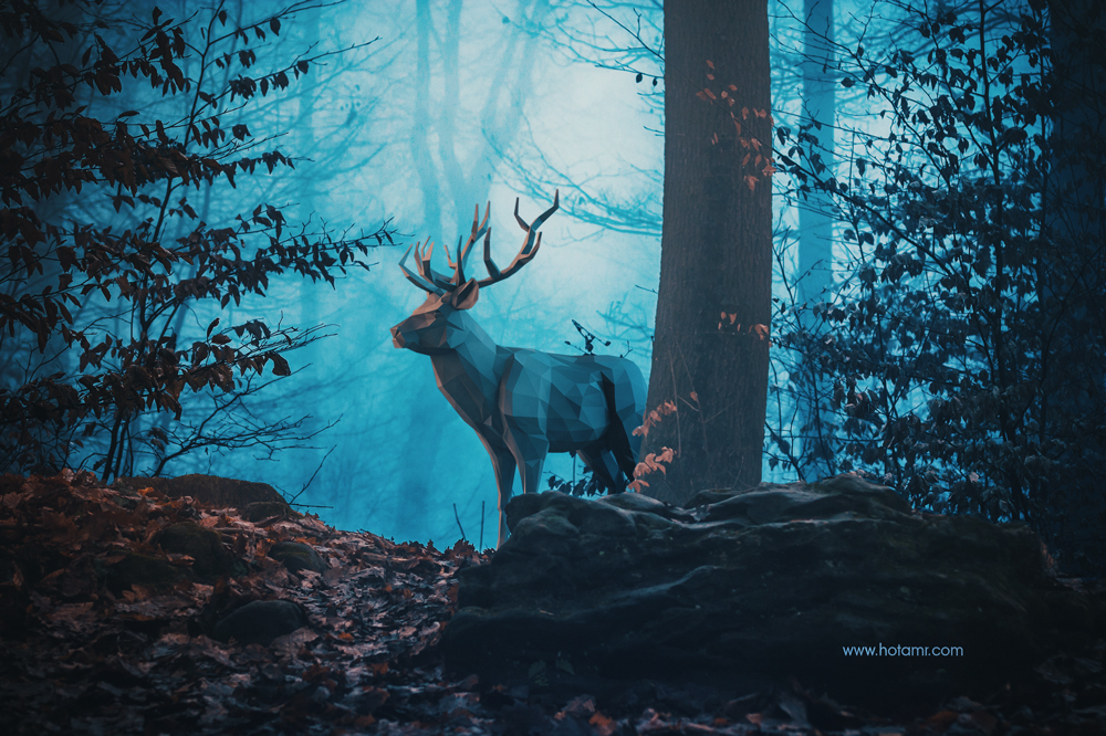 3D LOW poly art hotamr blue deer trees photomanipulation fantasy c4d inspire photoshop poster