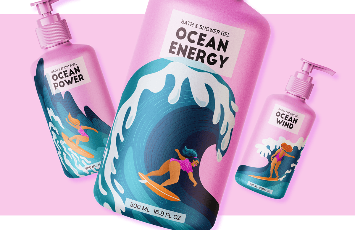Designing a series of shower gel packaging. For active sporty girls, women.